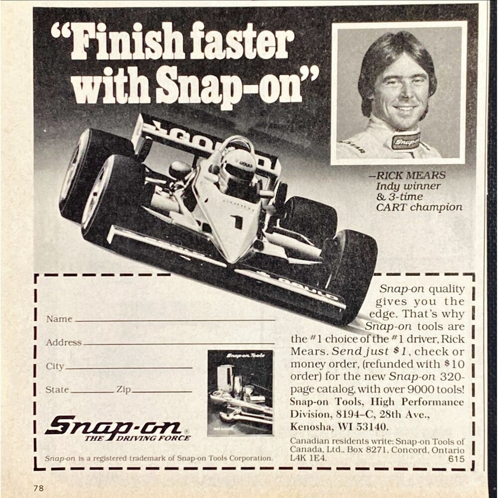 Snap-on Tools "Are the #1 Choice of the #1 Driver Rick Mears" Vtg Print Ad '83